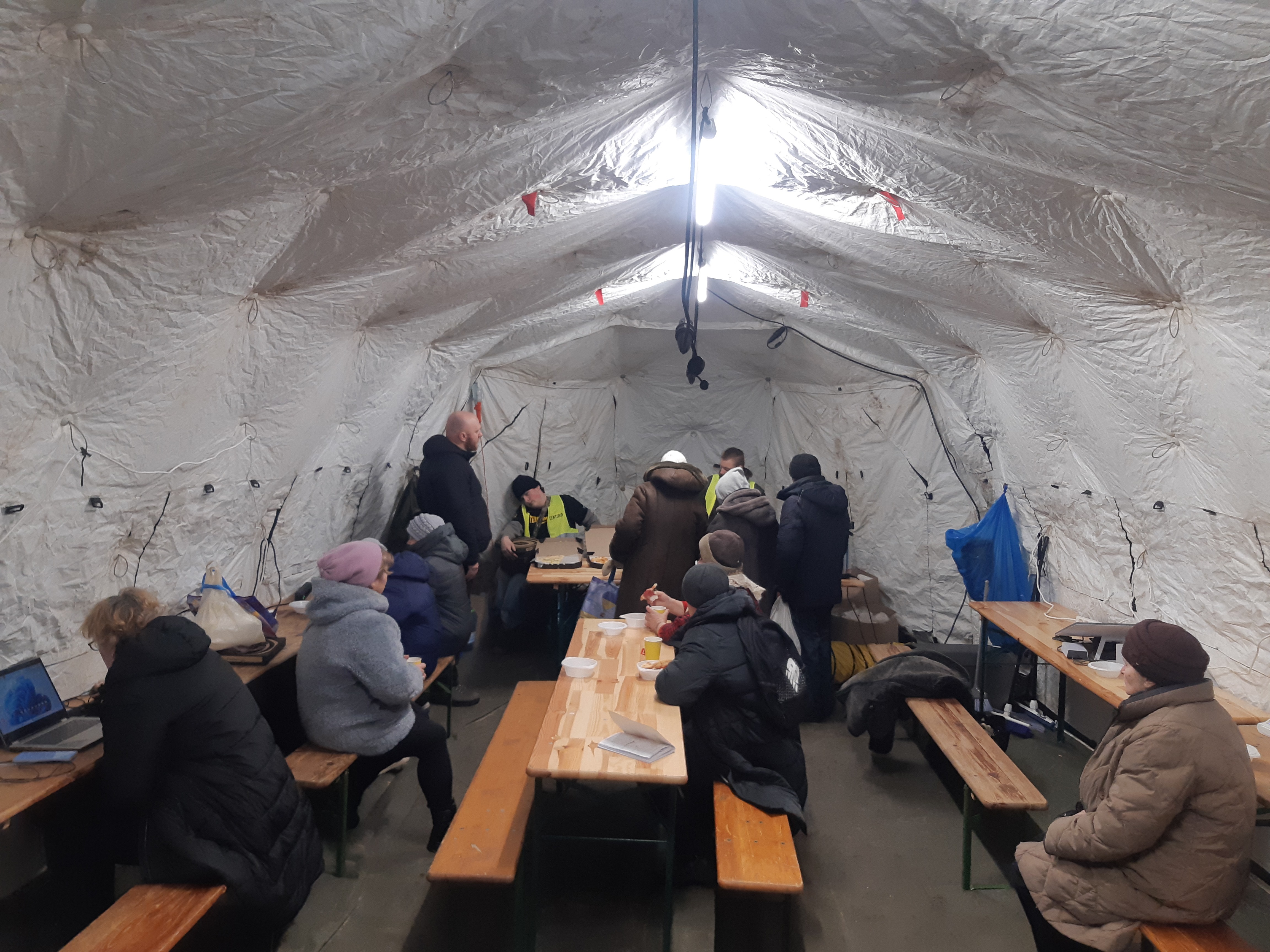 Volunteer warming and aid tent, Ukraine