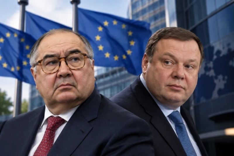 Two Russian oligarchs against EU flags (photomontage)